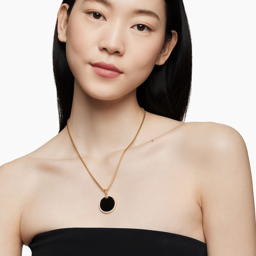 David Yurman Elements Disc Pendant in 18k Yellow Gold with Black Onyx and Pavé Diamond Rim