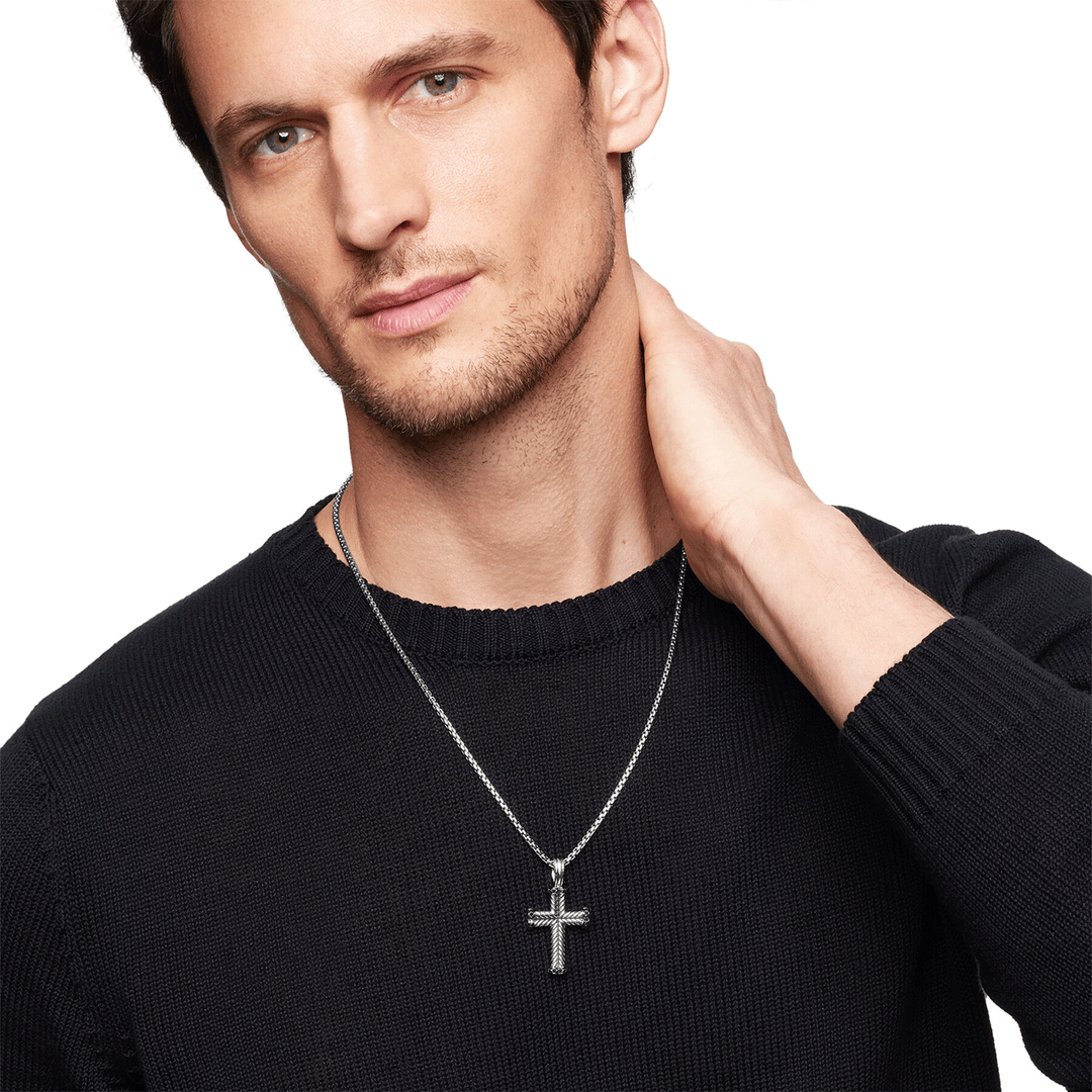 David Yurman Chevron Cross Pendant Sterling Silver with Black Diamonds, 33mm