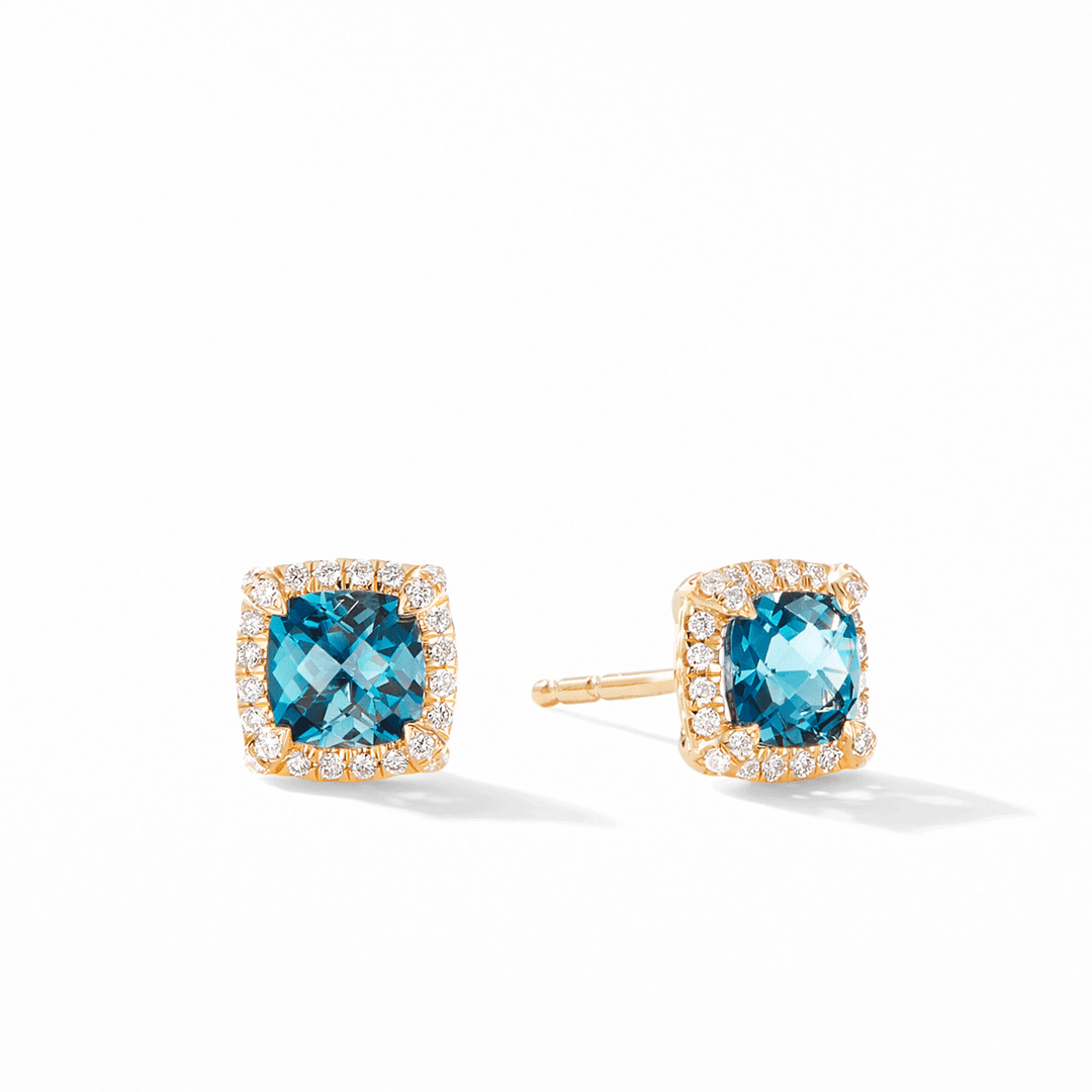 David Yurman Petite Chatelaine Pavé Bezel Stud Earrings in 18k Yellow Gold with Hampton Blue Topaz