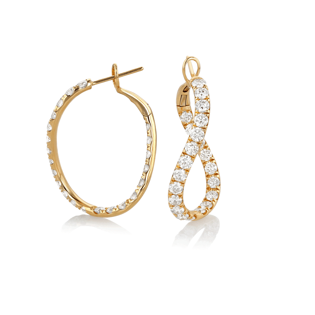 18k Yellow Gold and Diamond 3.08 Total Weight 30mm In and Out Hoops