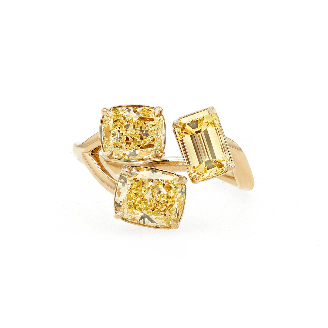 18k Yellow Gold and Fancy Light Yellow Diamonds Three Stone Ring