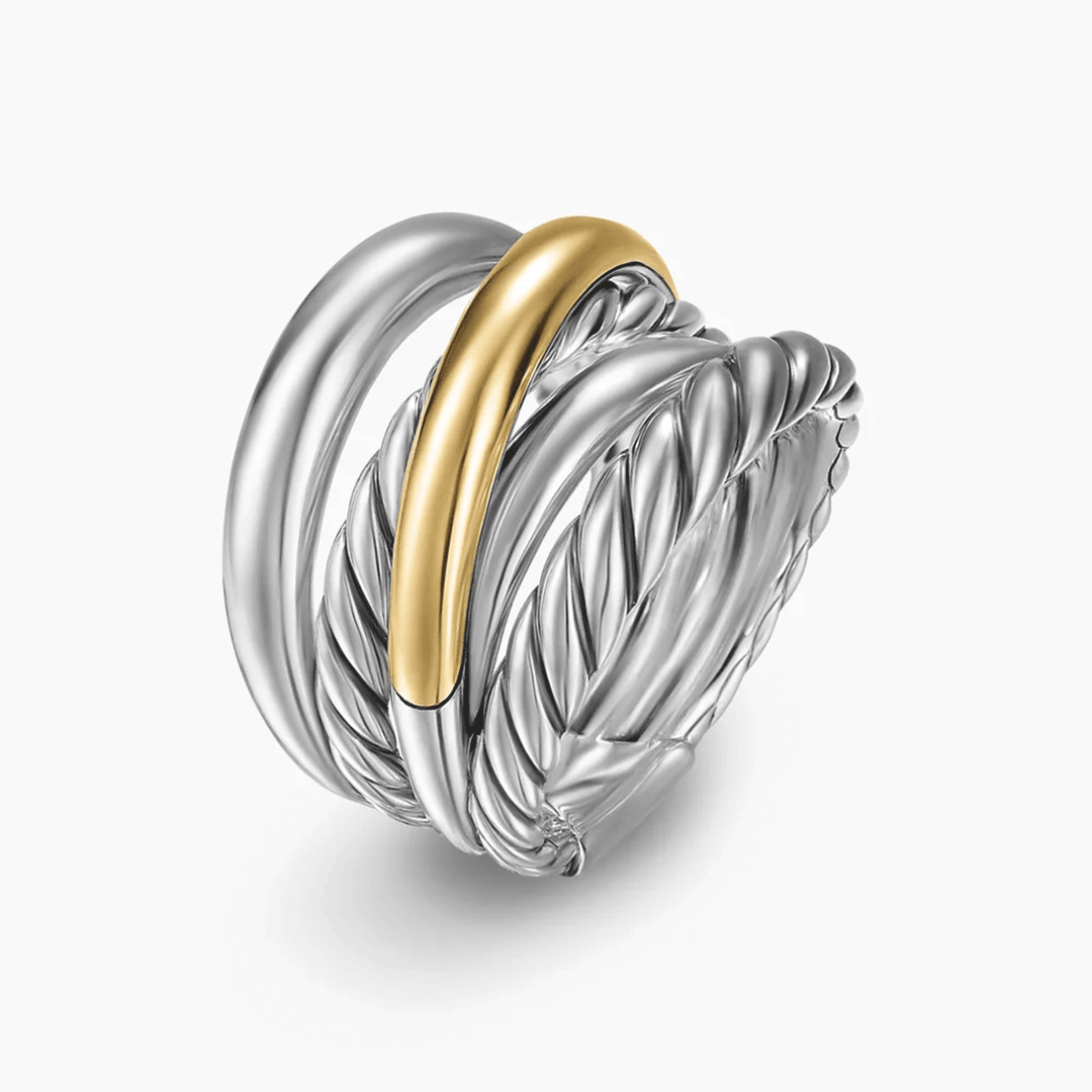 David Yurman Crossover Five Row Ring Sterling Silver with 14k Yellow Gold, 17.5mm