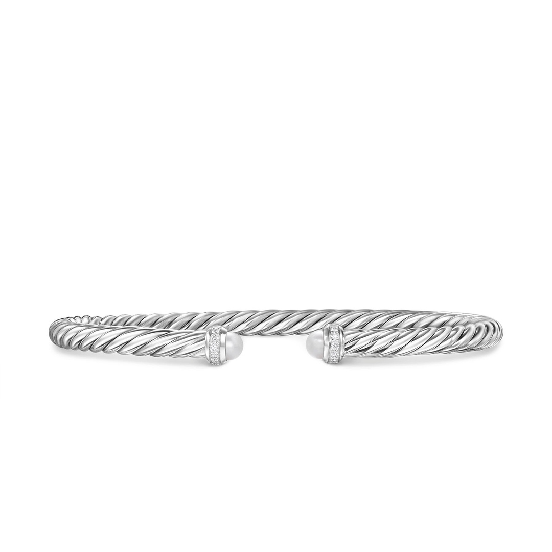 David Yurman Cablespira Flex Bracelet Sterling Silver with Pearls and Diamonds, 4mm