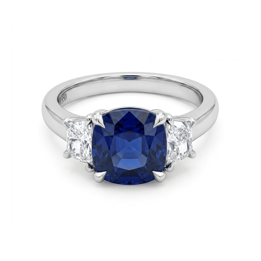 Platinum Three Stone Ring with Cushion Sapphire 5.06 Total Weight and Diamonds