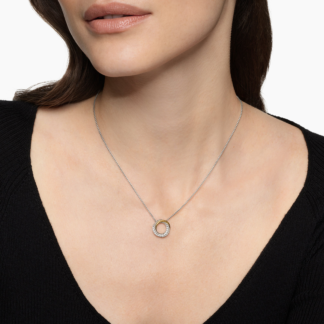 David Yurman Crossover Pendant Necklace Sterling Silver with 18k Yellow Gold and Diamonds, 14.5mm