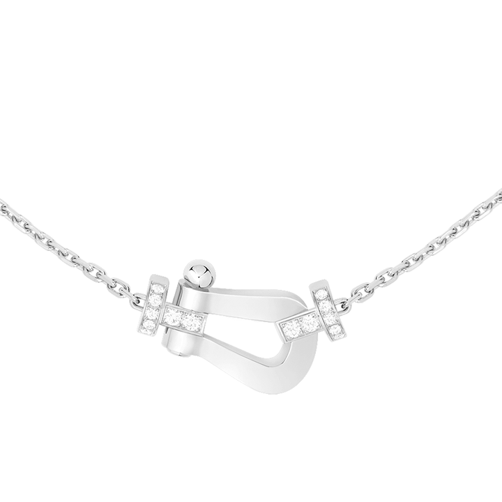 FRED Force 10 18k White Gold and Half Diamond Large Buckle Necklace