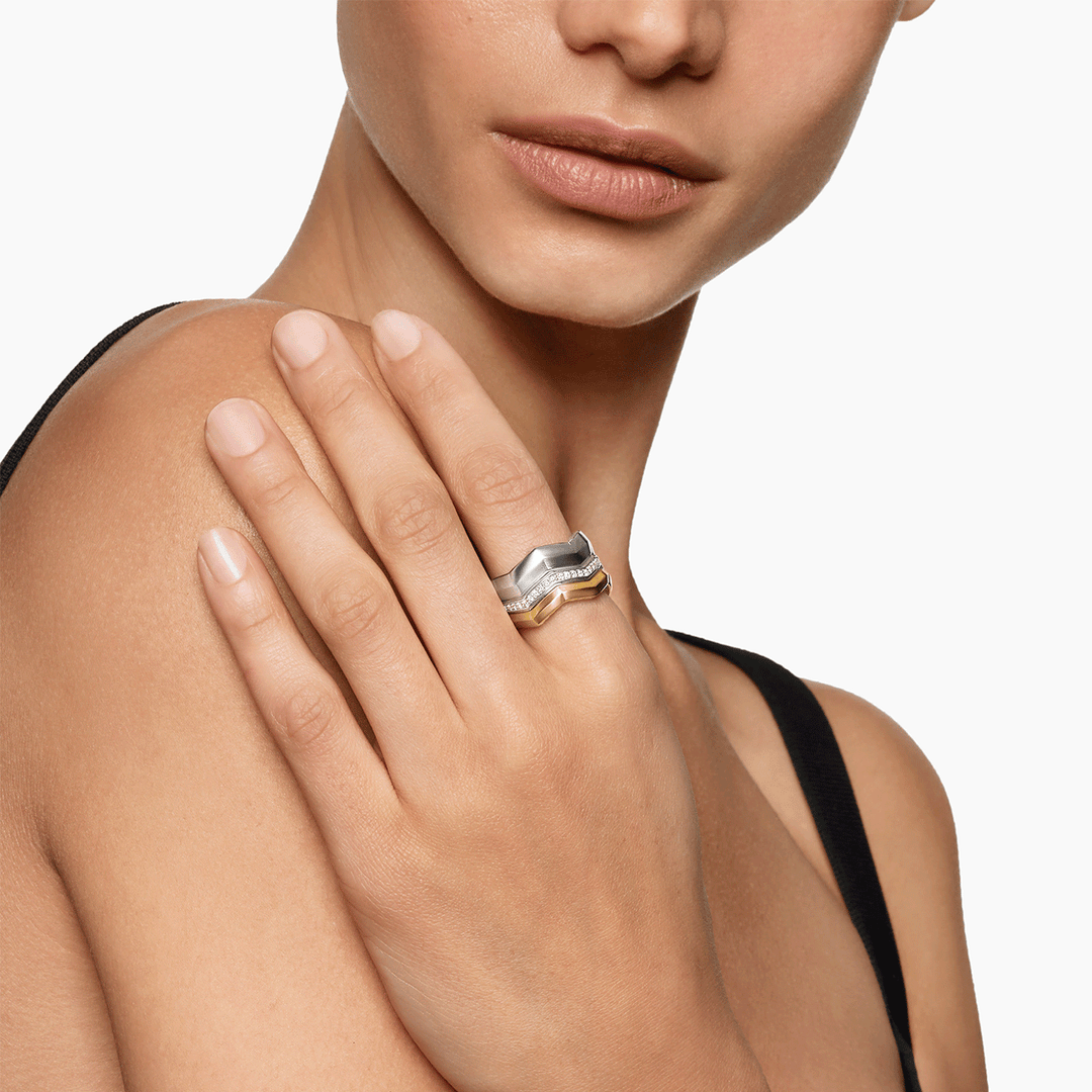 David Yurman Zig Zag Stax Three Row Ring Sterling Silver with 18k Yellow Gold and Diamonds, 11.7mm