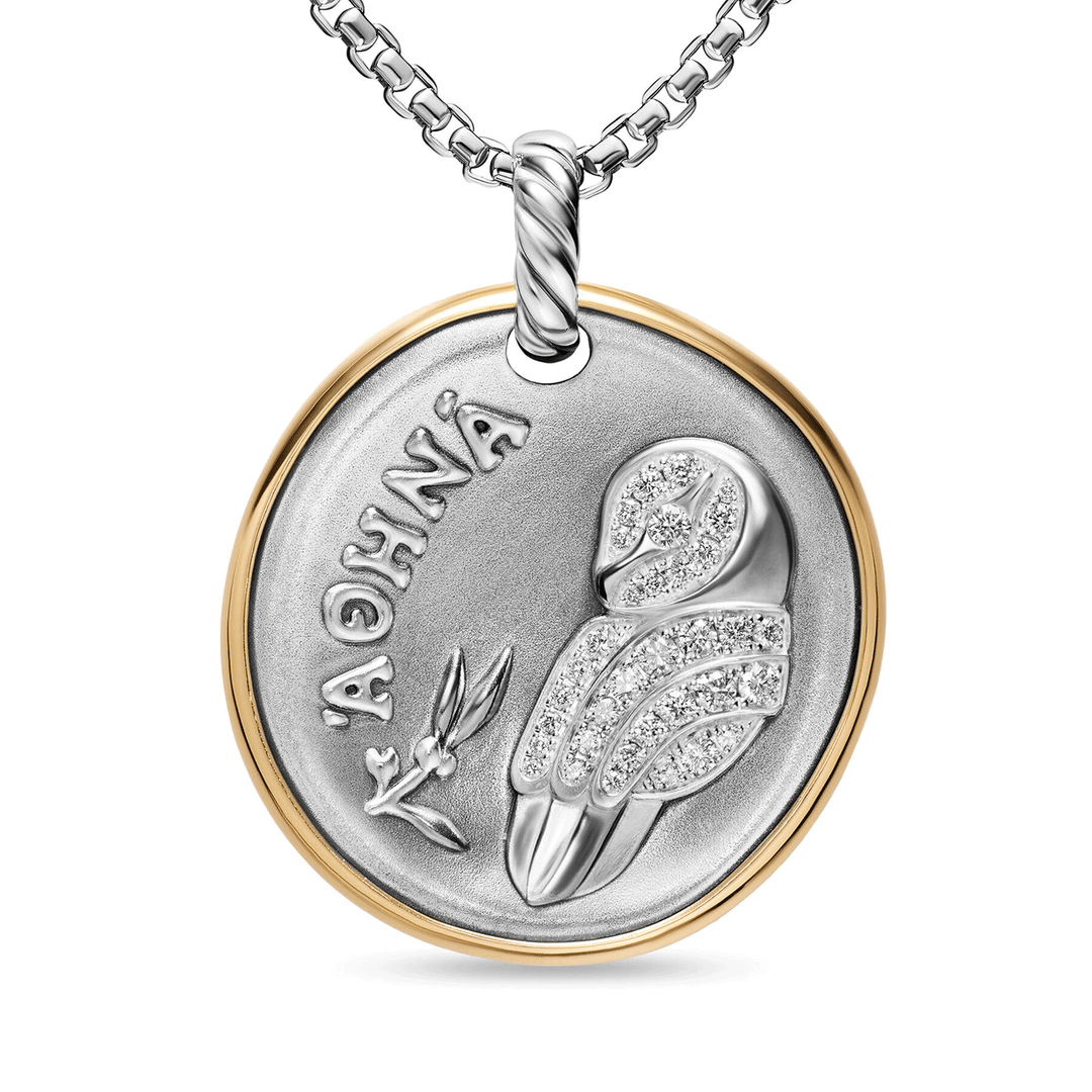 David Yurman Athena Medallion Amulet Sterling Silver with 14K Yellow Gold and Diamonds, 29.5mm