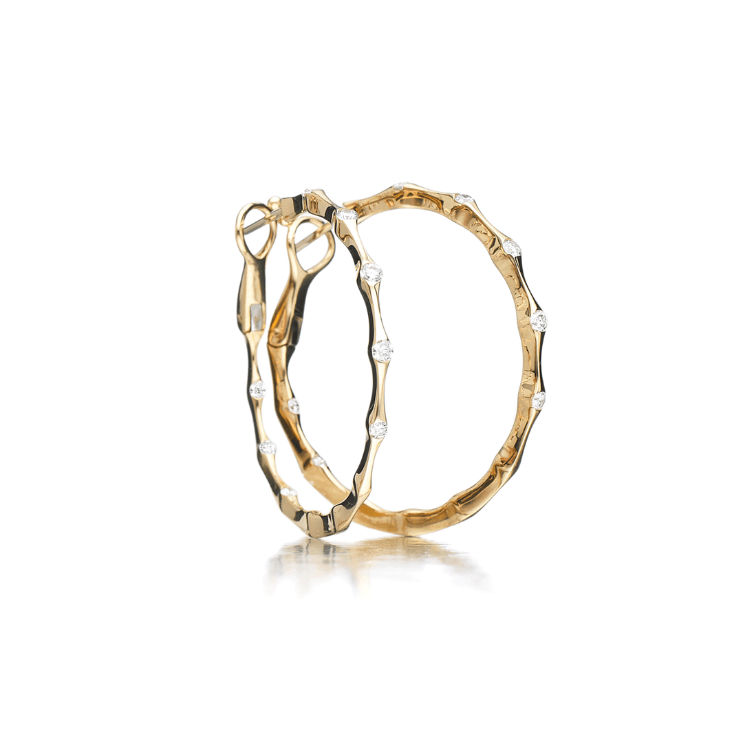 Wave 18k Yellow Gold and Diamond Hoop In and Out Earrings