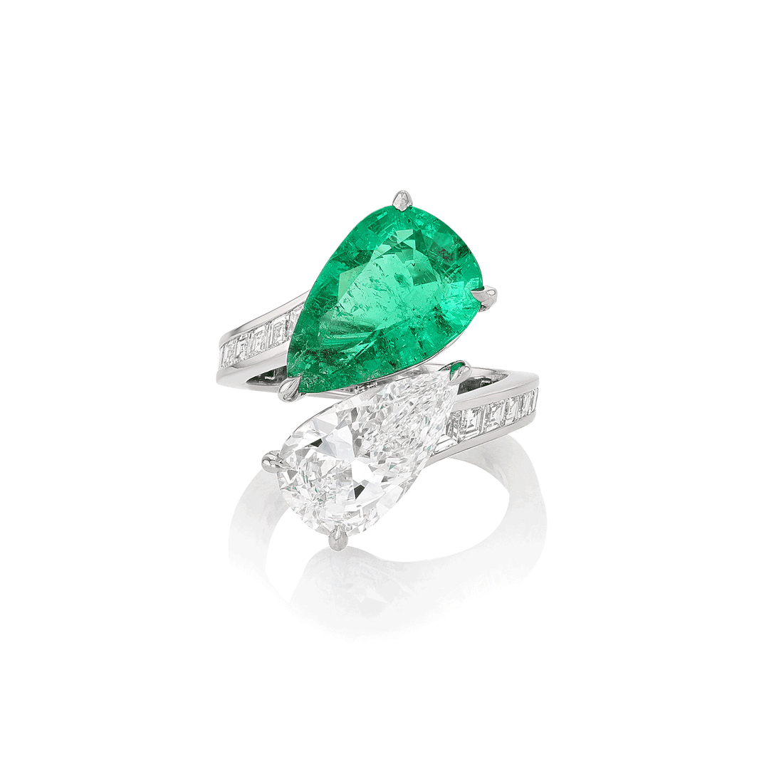 Platinum Pear Shape Emerald 3.54 Total Weight and Diamond By Pass Ring