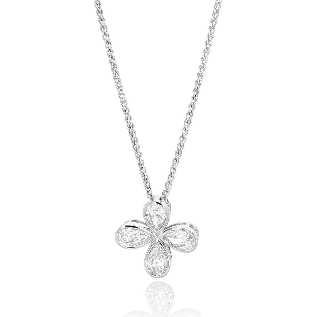 18k White Gold and Pear Shape Diamonds 1.25 Total Weight Flower Pendant