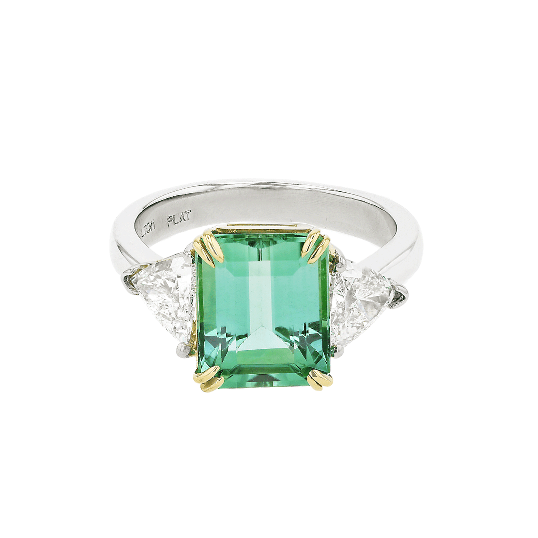 Platinum and Emerald Cut Green Tourmaline 3.27 Total Weight Ring