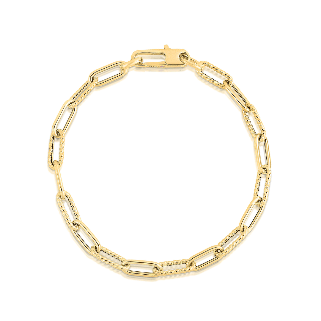 Roberto Coin Designer Gold Alternating Polished and Fluted Paperclip Link Chain Bracelet