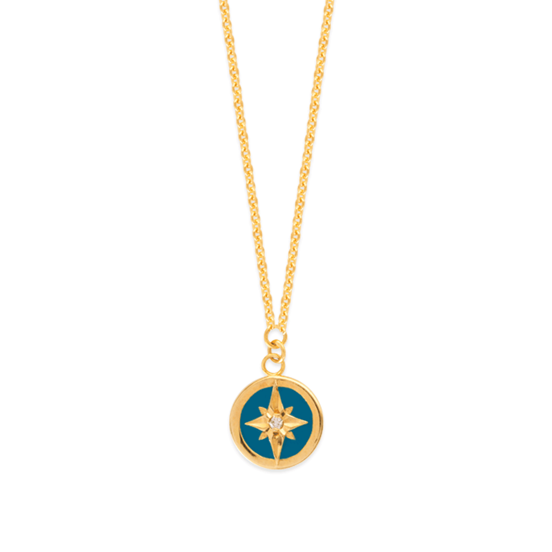 14k Yellow Gold and Turquoise Enamel North Star Medallion Pendant