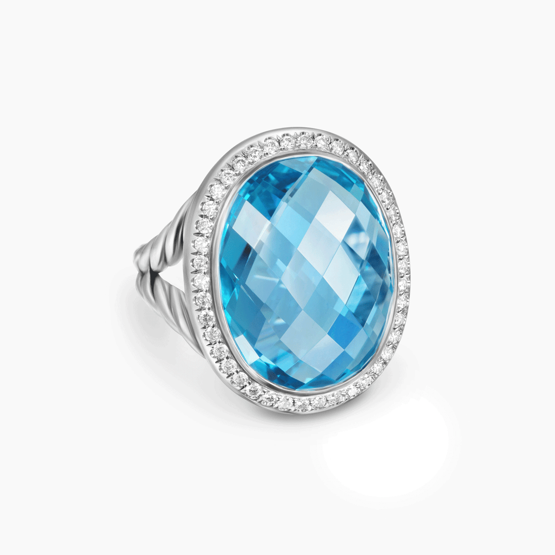 David Yurman Albion Oval Ring Sterling Silver with Blue Topaz and Diamonds, 21mm