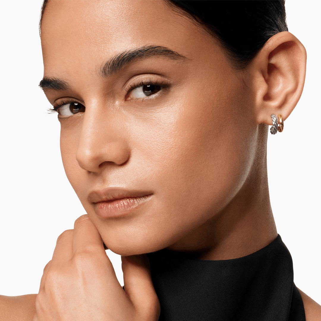 David Yurman Mercer Double Hoop Huggie Earrings Sterling Silver with 18k Yellow Gold, 13.5mm