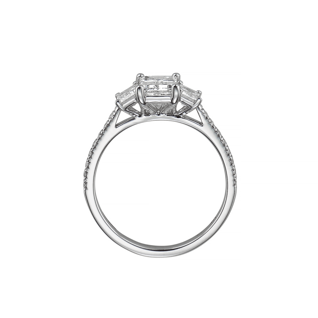 18k White Gold Three Stone Diamond Emerald Cut Engagement Ring