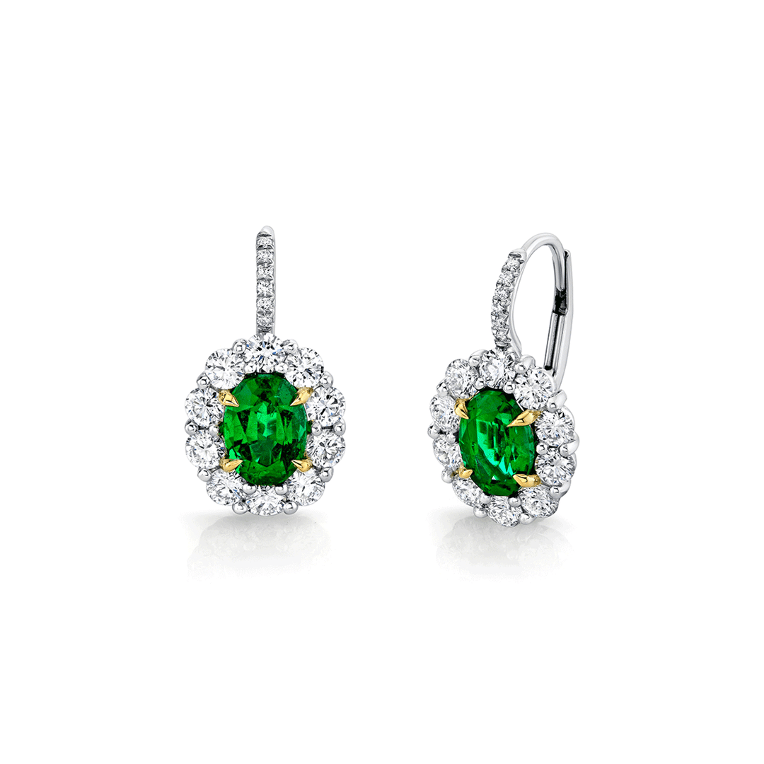 Platinum 18k Yellow Gold and 2.51 Total Weight Oval Cut Emerald Diamond Drop Earrings