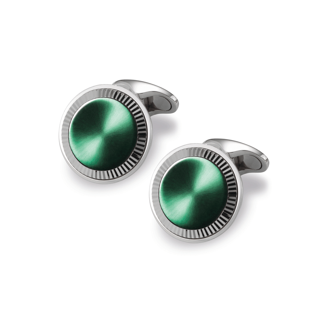 18k White Gold and Flute Bezel Green Sunray Cufflink