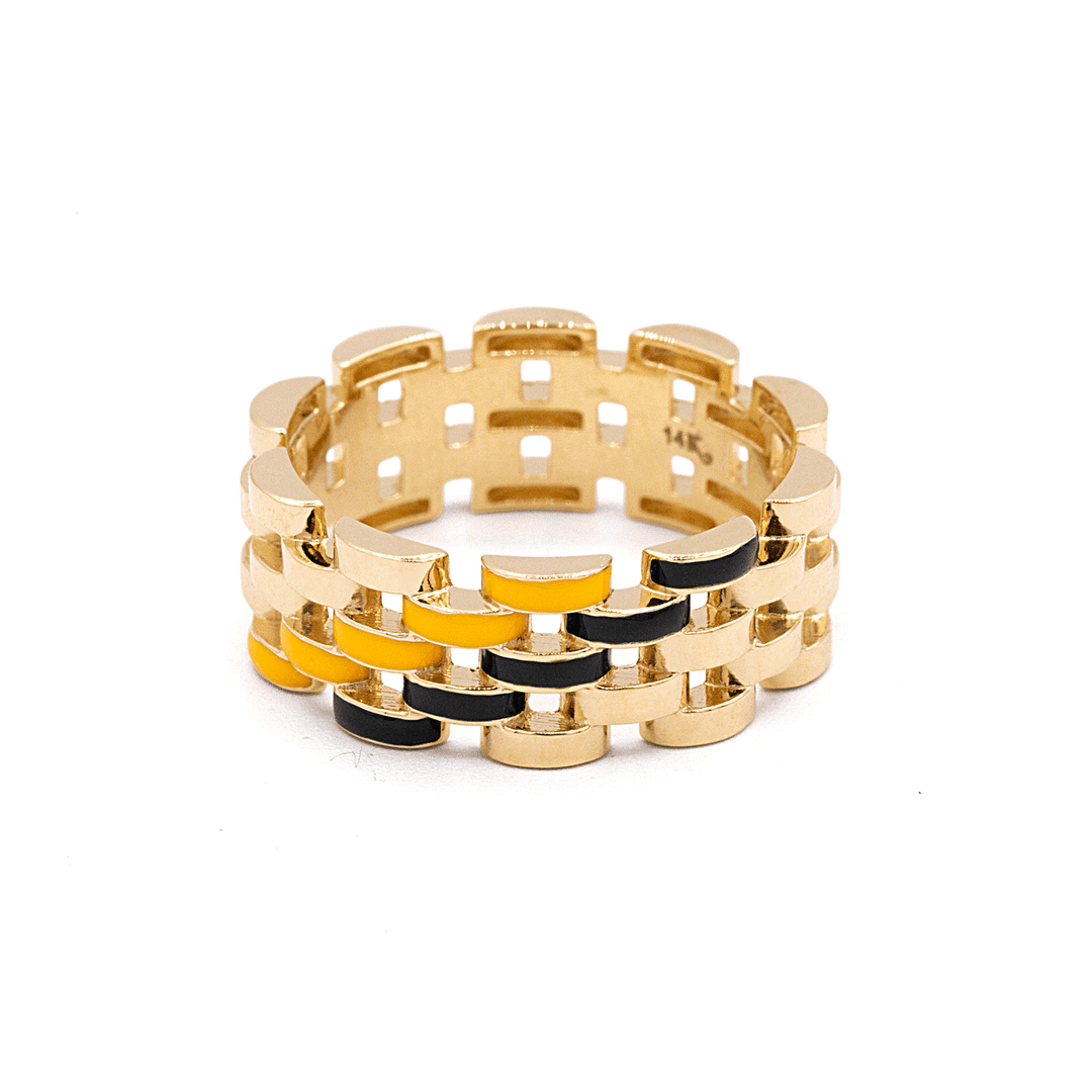 14k Gold Enamel Black and Orange Ring