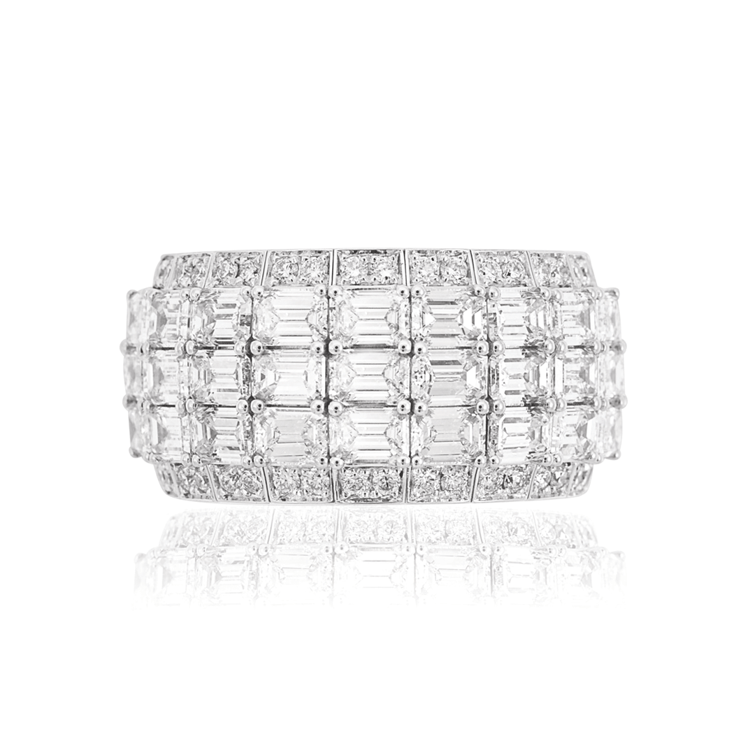 18k White Gold Flex Emerald Cut and Round Diamond Ring