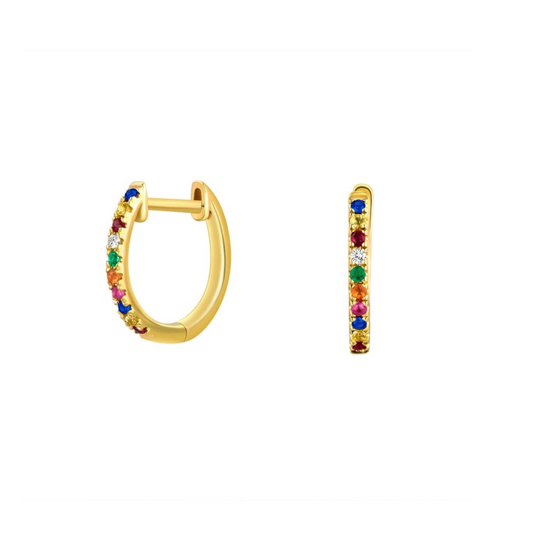 14k Yellow Gold and Rainbow Gemstone Hoops