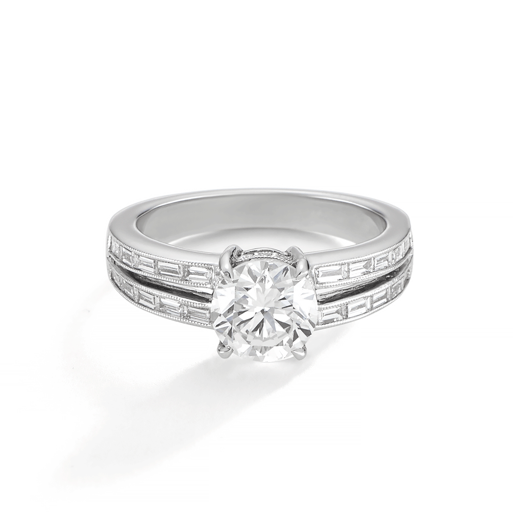 1912 Platinum Round and Baguette Diamond Mounting Engagement Ring