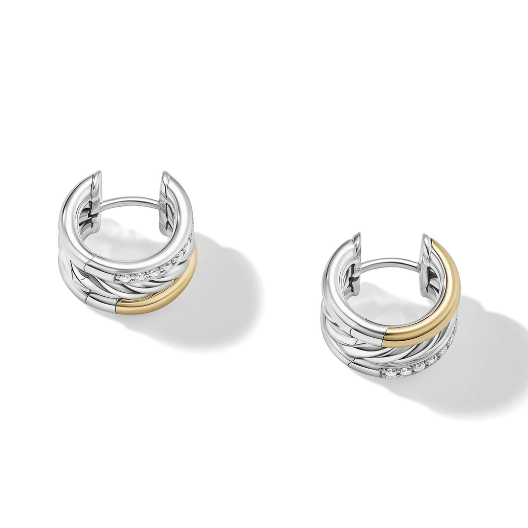 David Yurman DY Mercer® Huggie Hoop Earrings Sterling Silver with 18K Yellow Gold and Diamonds, 14mm