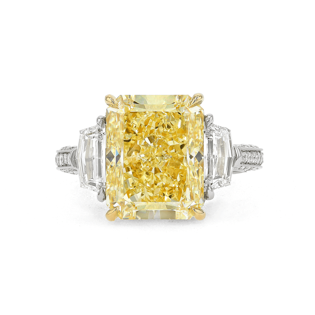 Platinum 18k Yellow Gold and 8.39 Total Weight Fancy Yellow Diamond 3 Stone Ring