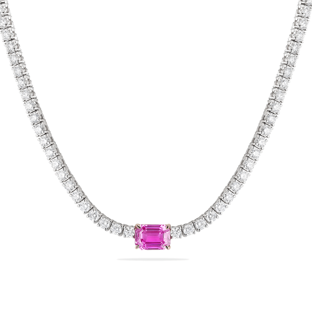 18k Gold Pink Sapphire and 5.65 Total Weight Diamond Line Necklace