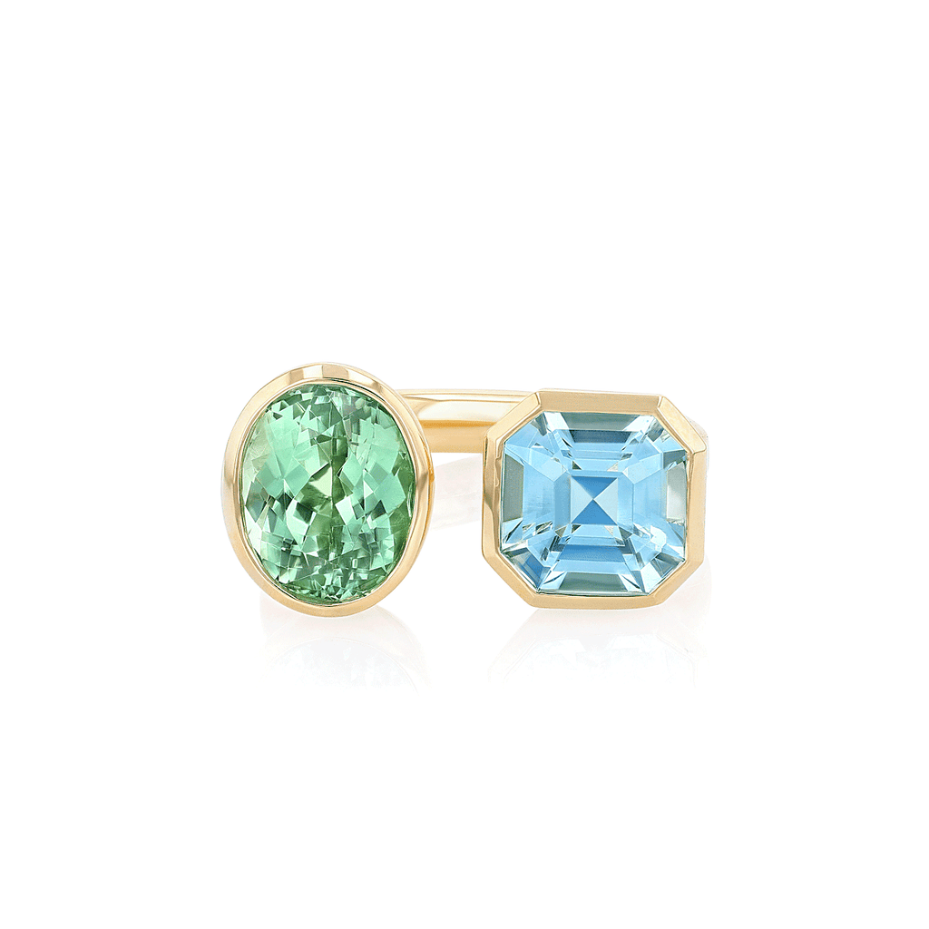 Hamilton Facet Collection 18k Yellow Gold and 3.77 Total Weight Green Tourmaline Aquamarine Toi et Moi Ring