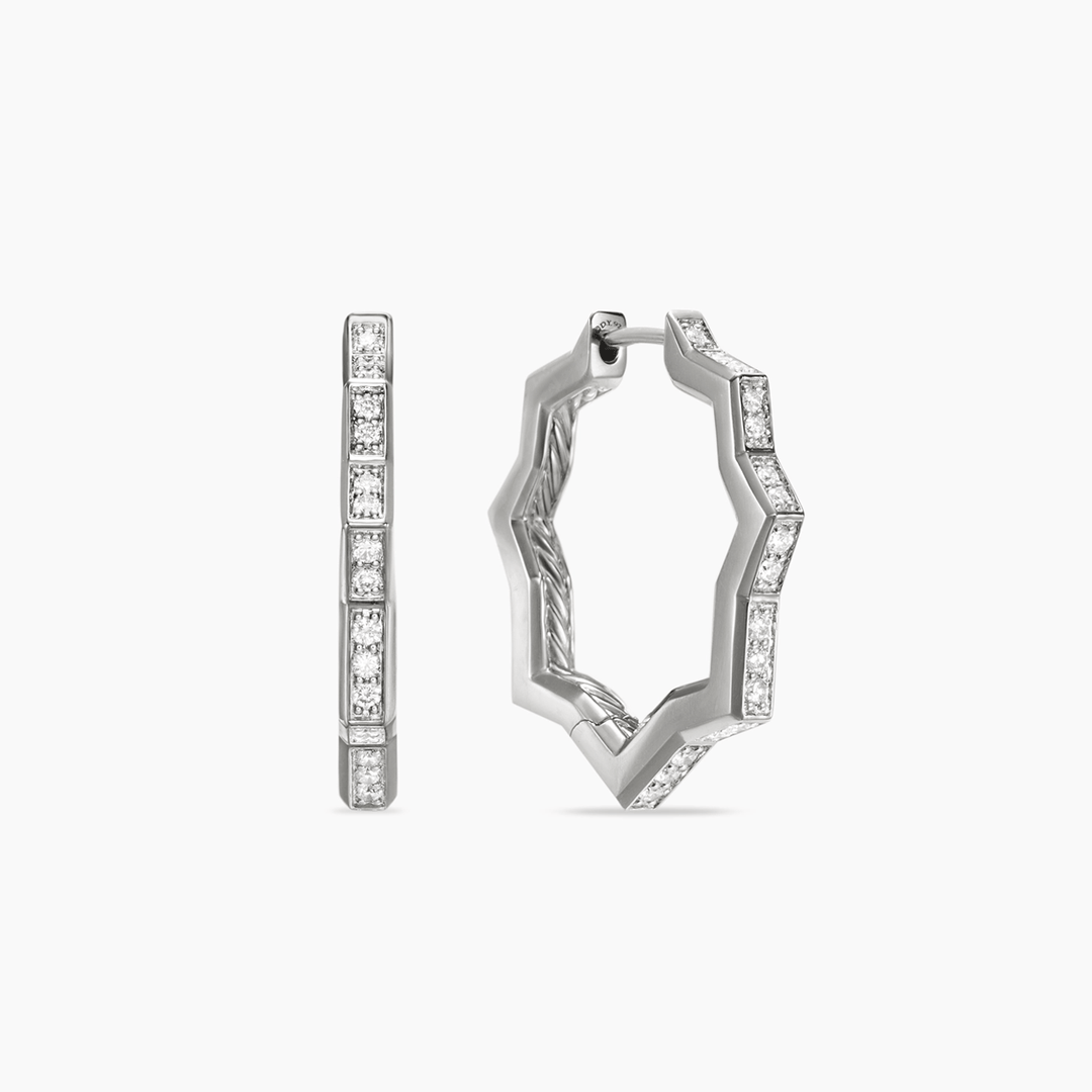 David Yurman Zig Zag Stax Hoop Earrings Sterling Silver with Diamonds, 22.8mm