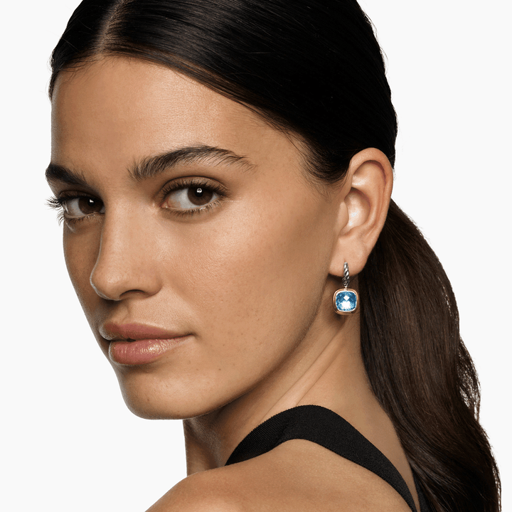 David Yurman Albion Drop Earrings Sterling Silver with 18k Yellow Gold and Blue Topaz, 10mm