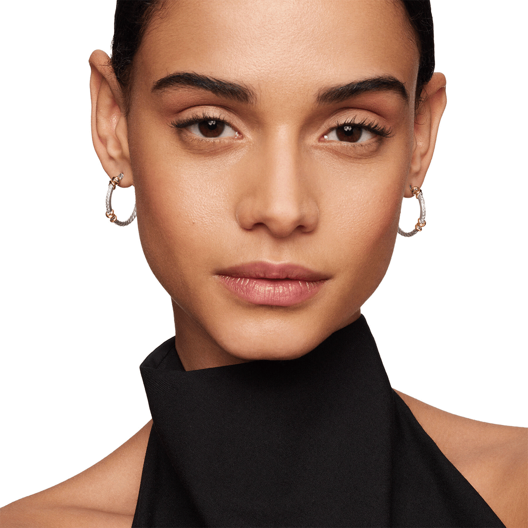 David Yurman Petite Helena Wrap Hoop Earrings Sterling Silver with 18K Yellow Gold and Diamonds, 1in