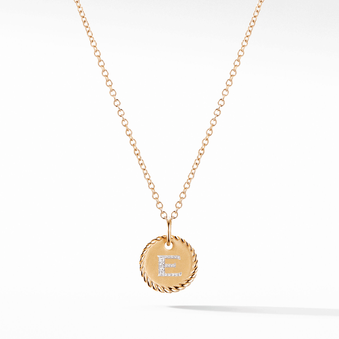 David Yurman E Initial Charm Necklace in 18k Yellow Gold with Pavé Diamonds