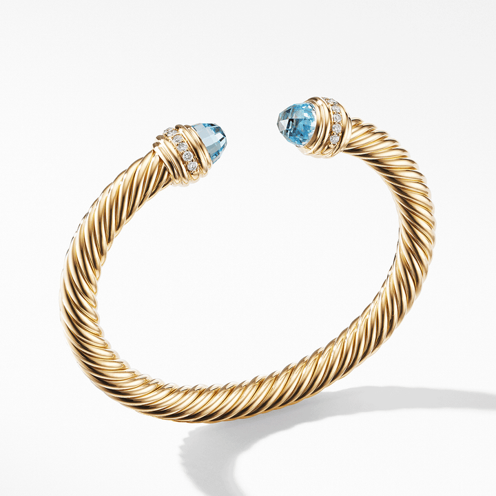 David Yurman Cable Bracelet in 18k Yellow Gold with Blue Topaz and Diamonds