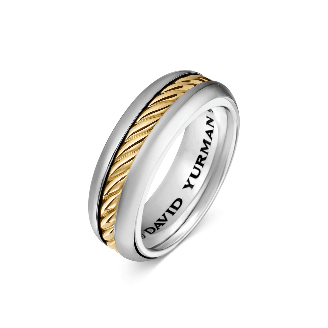 David Yurman Cable Inset Band Ring Sterling Silver with 18K Yellow Gold, 8mm