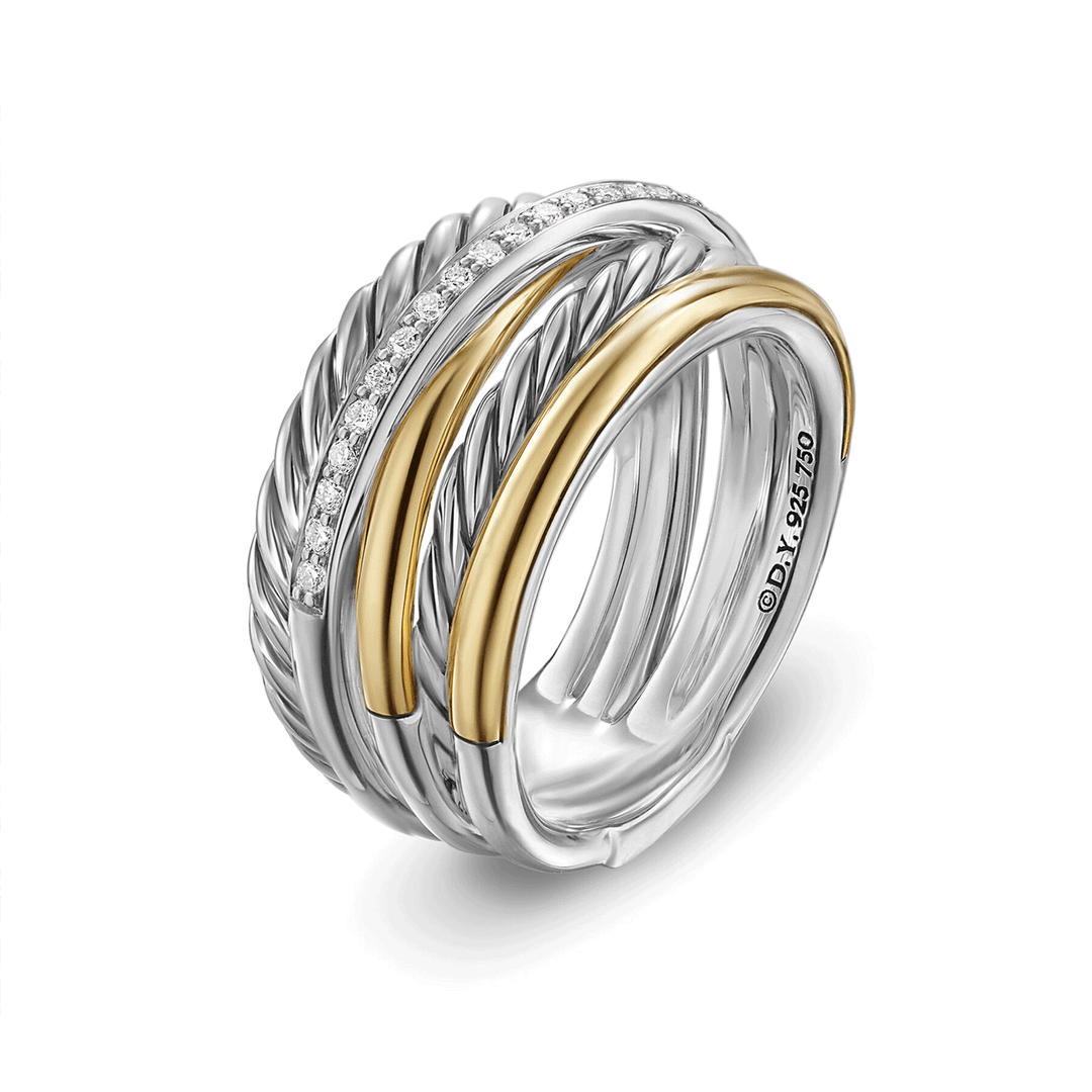 David Yurman Crossover Five Row Ring Sterling Silver with 18k Yellow Gold and Diamonds, 11mm