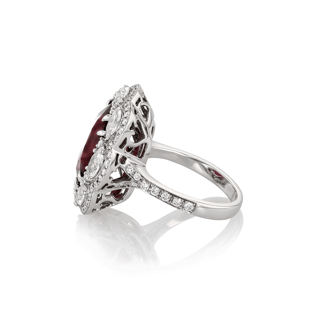 18k White Gold Rubelite Tourmaline 9.52 Total Weight and Diamond Ring