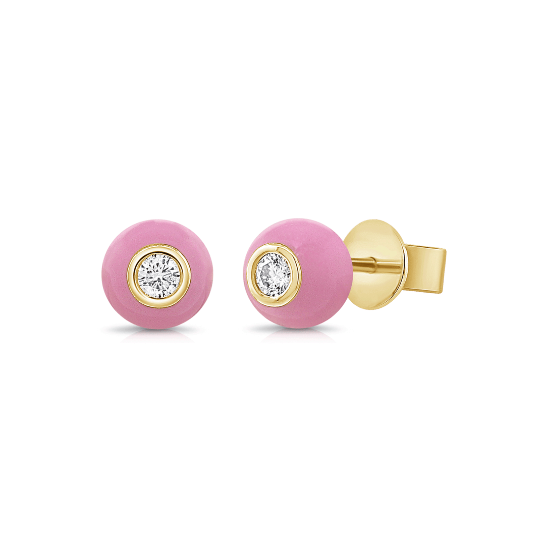 14k Yellow Gold and Pink Enamel Dome Studs