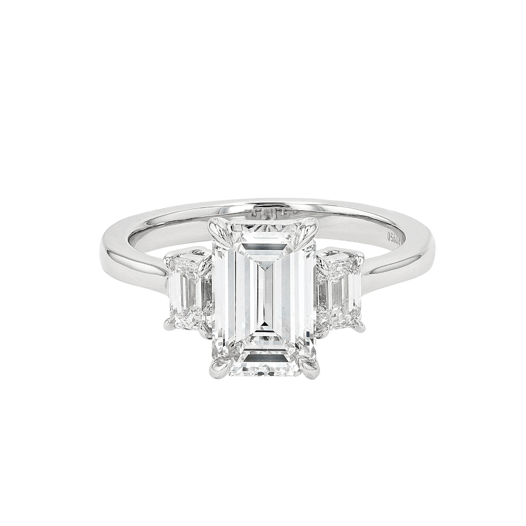 Platinum Three Stone Emerald Cut Diamond 2.79 Total Weight Engagement Ring