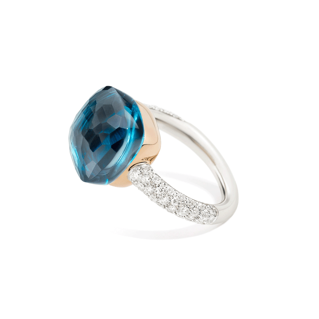 Pomellato Nudo Classic 18k Rose White Gold Blue Topaz and Diamond Ring