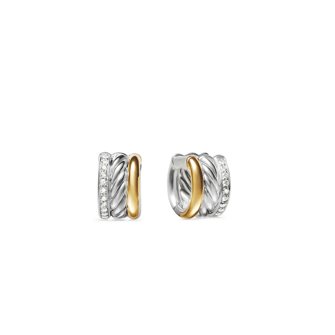David Yurman DY Mercer® Huggie Hoop Earrings Sterling Silver with 18K Yellow Gold and Diamonds, 14mm