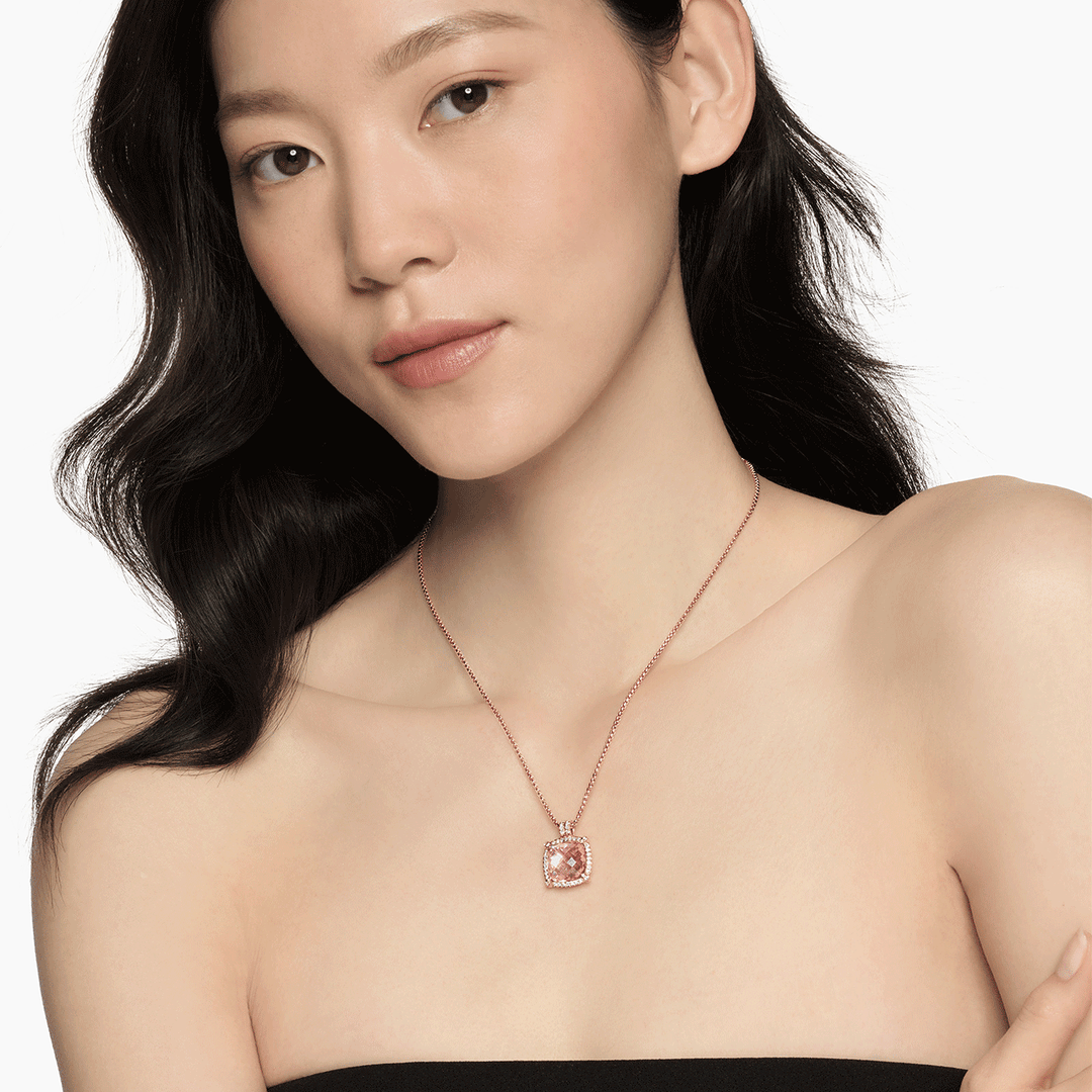 David Yurman Chatelaine Pavé Bezel Pendant Necklace 18k Rose Gold with Morganite and Diamonds, 14mm