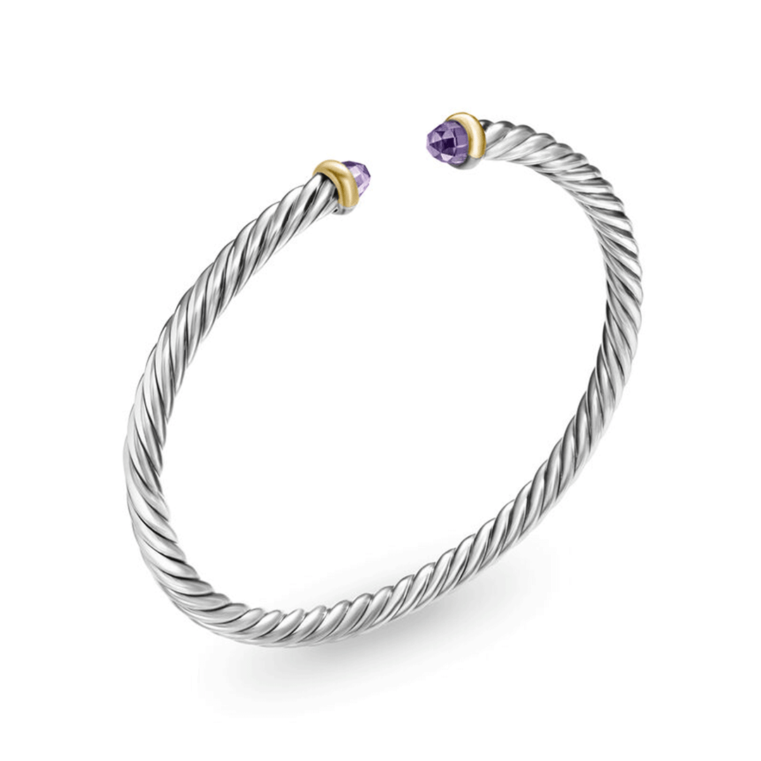 David Yurman Cable Flex Bracelet Sterling Silver with 14k Yellow Gold and Amethyst, 4mm