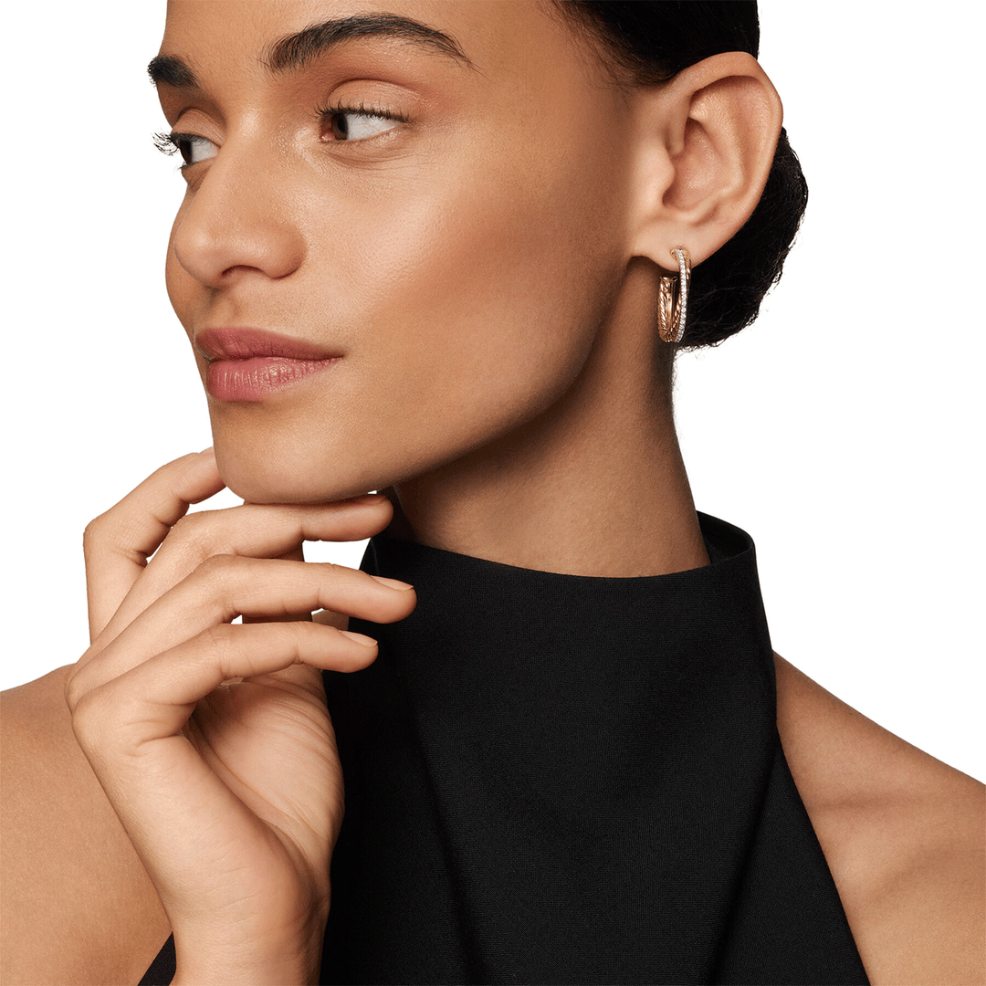 David Yurman Crossover Hoop Earrings 18K Yellow Gold with Diamonds, 26.5mm