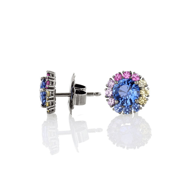 18k Gold and Multi Sapphire 3.79 Total Weight Stud Earrings