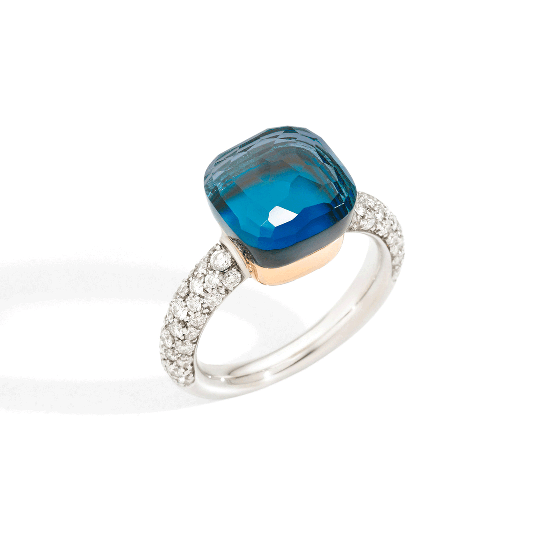 Pomellato Nudo Classic 18k Rose White Gold Blue Topaz and Diamond Ring