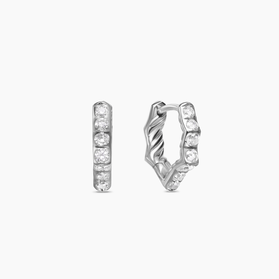 David Yurman Zig Zag Stax Huggie Hoop Earrings Sterling Silver with Diamonds, 13mm