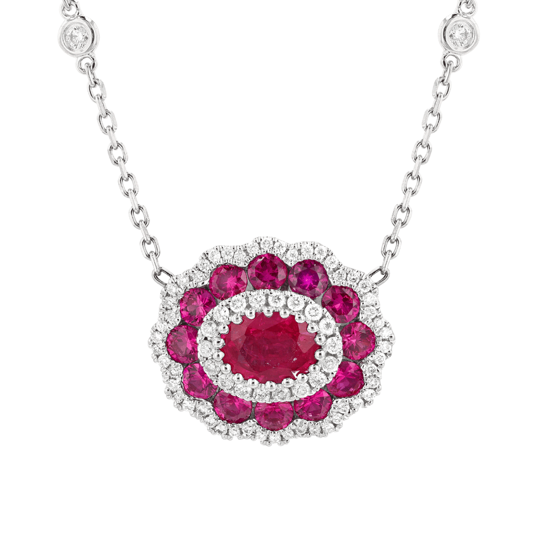 18k White Gold Ruby 1.95 Total Weight and Diamond Pendant